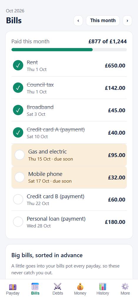 Bills checklist for the month with paid bills ticked off